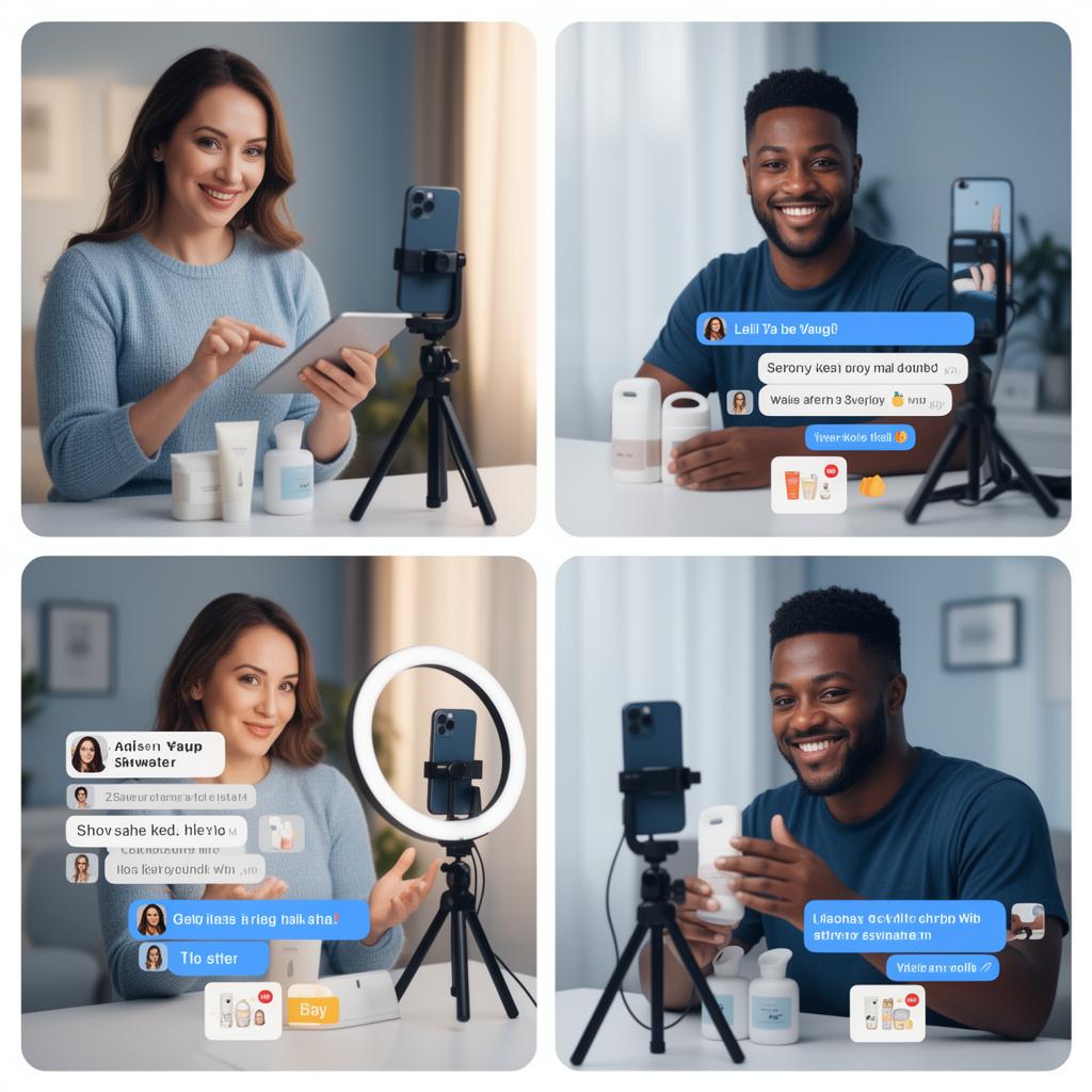 Adult creators and resellers doing live selling with ring lights, smartphones and product cards
